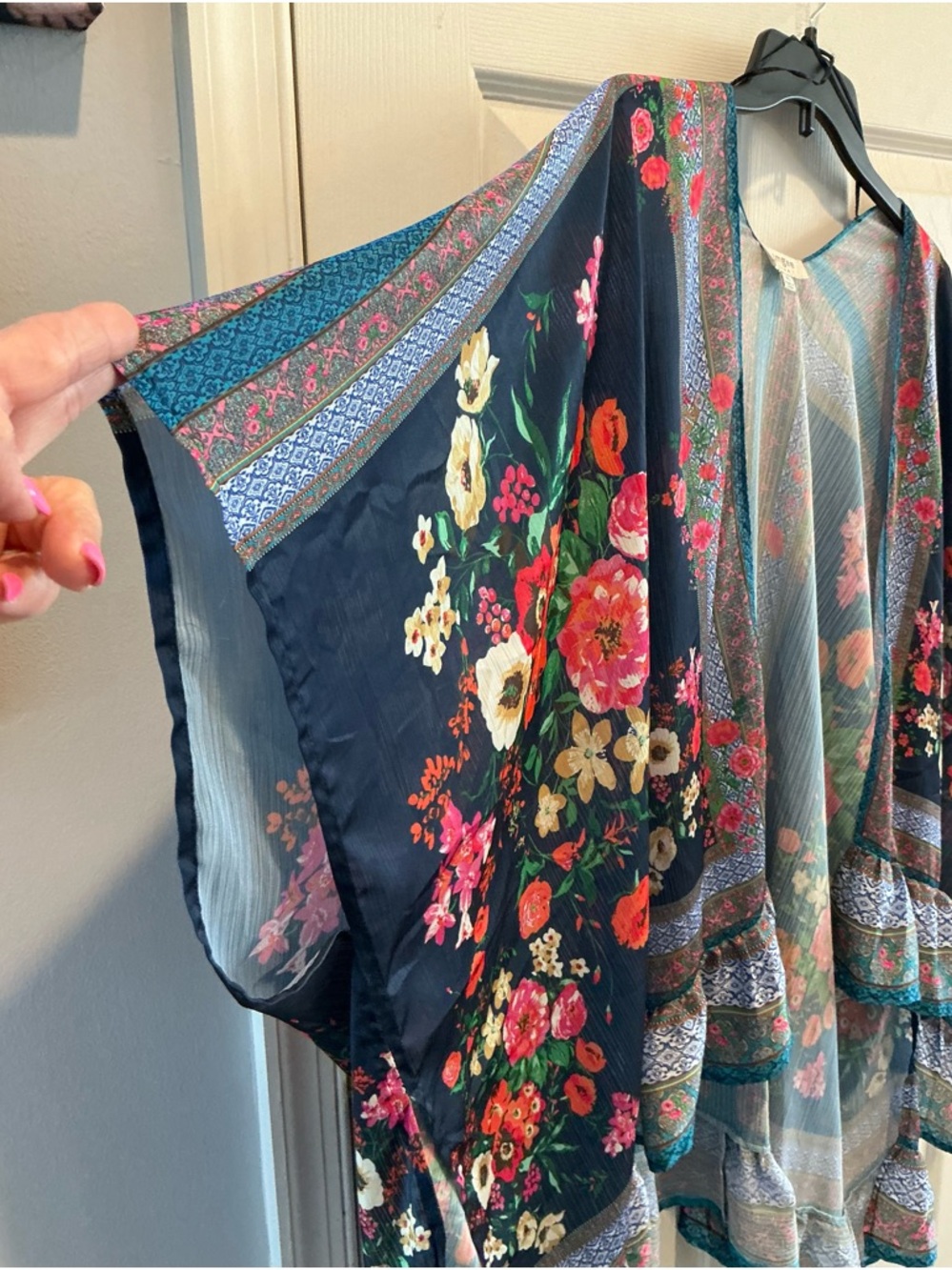 Umgee Fairy Draped Ruffle Trim Kimono Wrap Floral Hippie Relaxed Size M/L - Picture 8 of 13